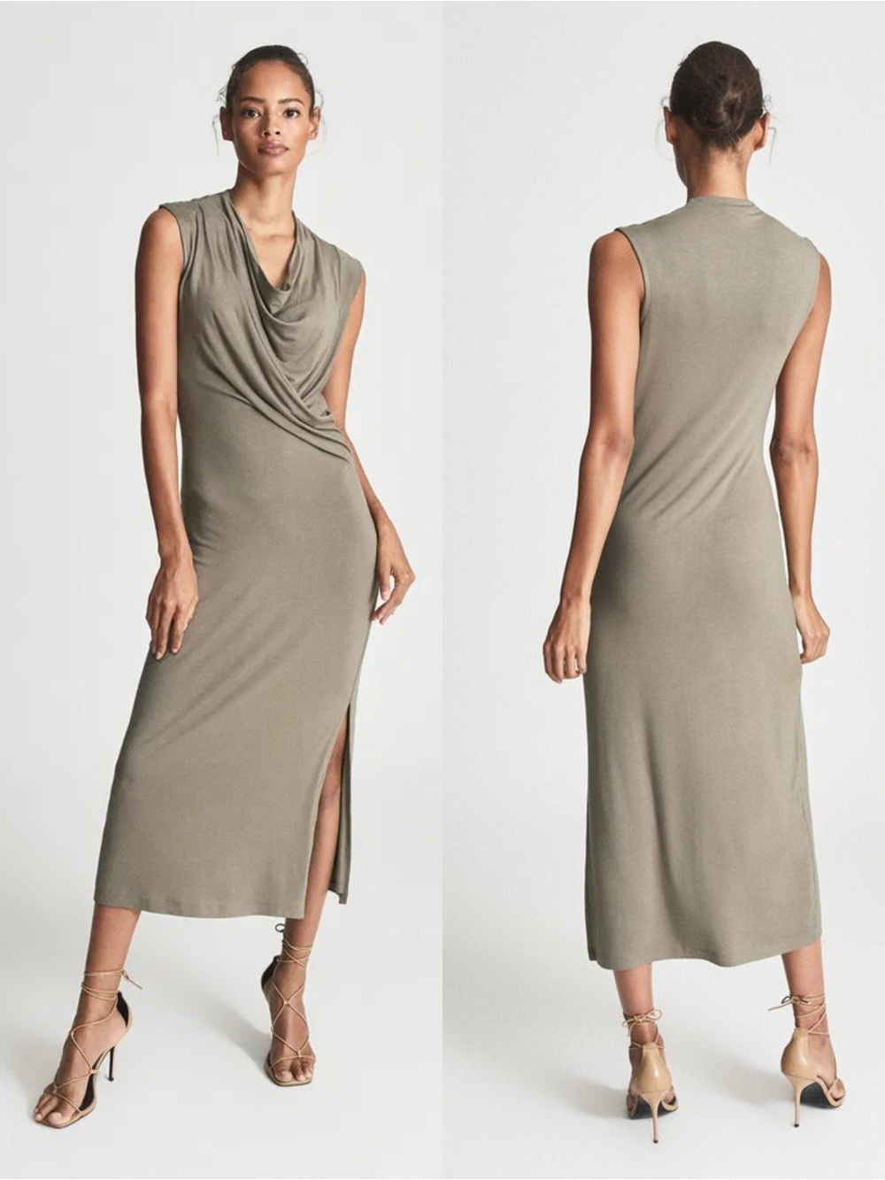 Reiss Leanne Camel Cowl Neck Jersey Midi Dress Large Sleeveless